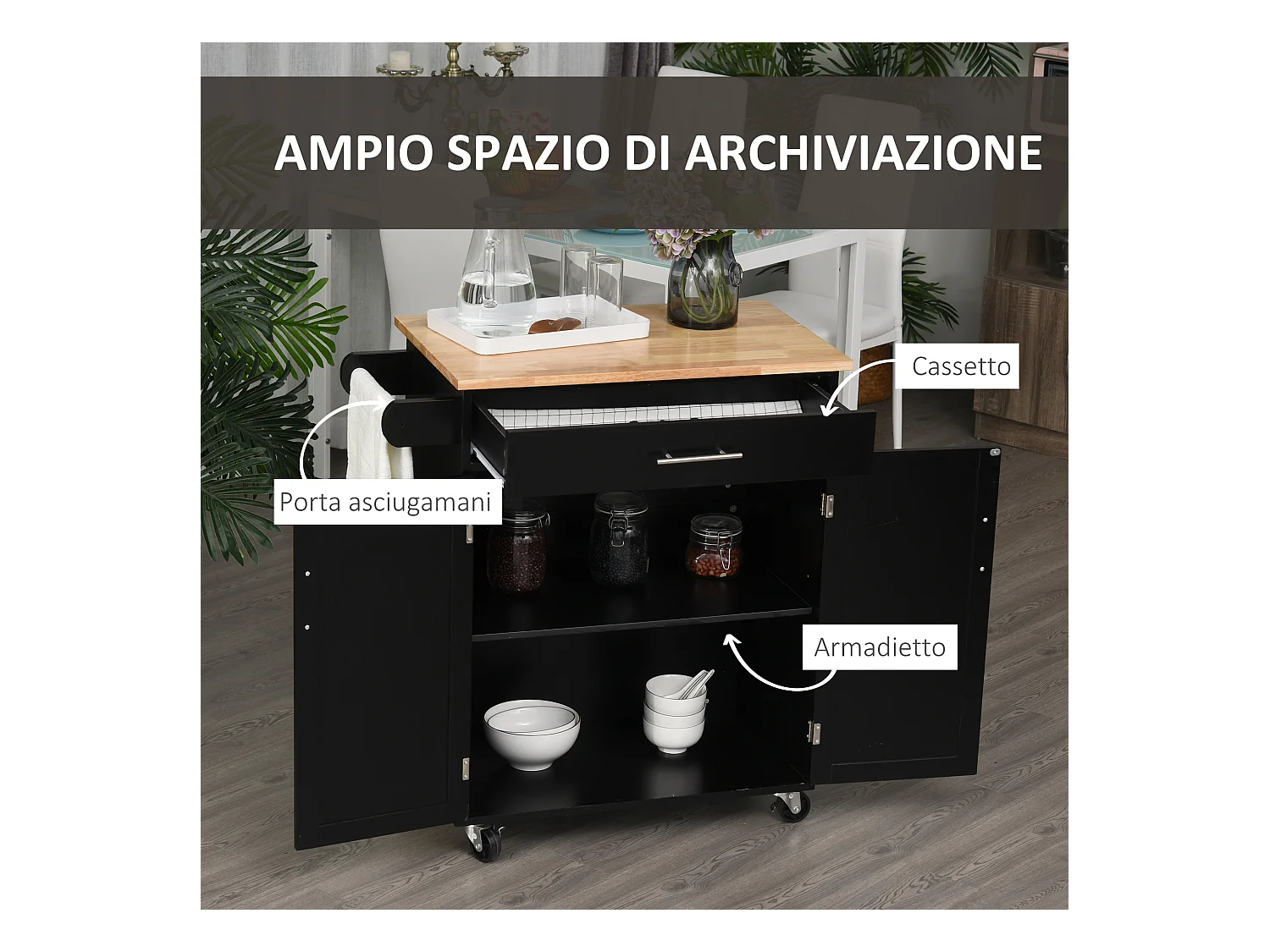 Carrello da cucina con cassetto armadietto 2 ante e ruote nero