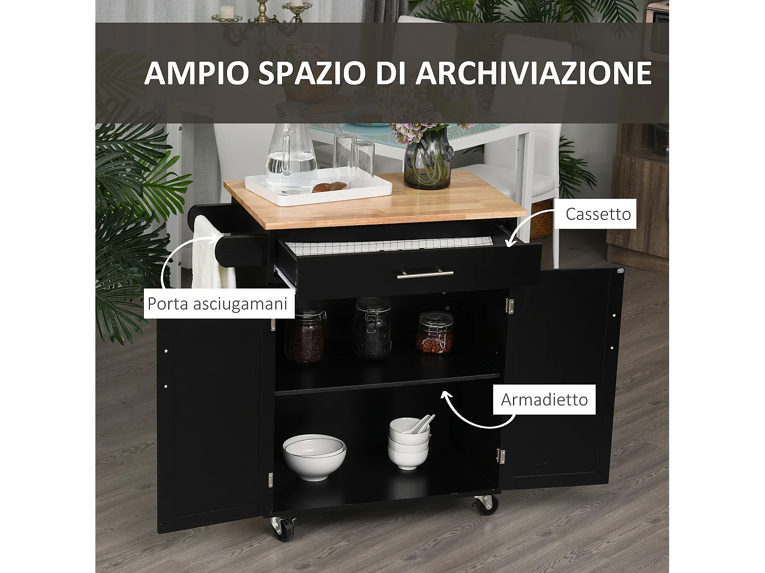 Carrello da cucina con cassetto armadietto 2 ante e ruote nero