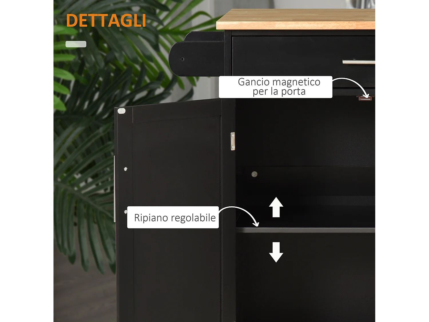 Carrello da cucina con cassetto armadietto 2 ante e ruote nero