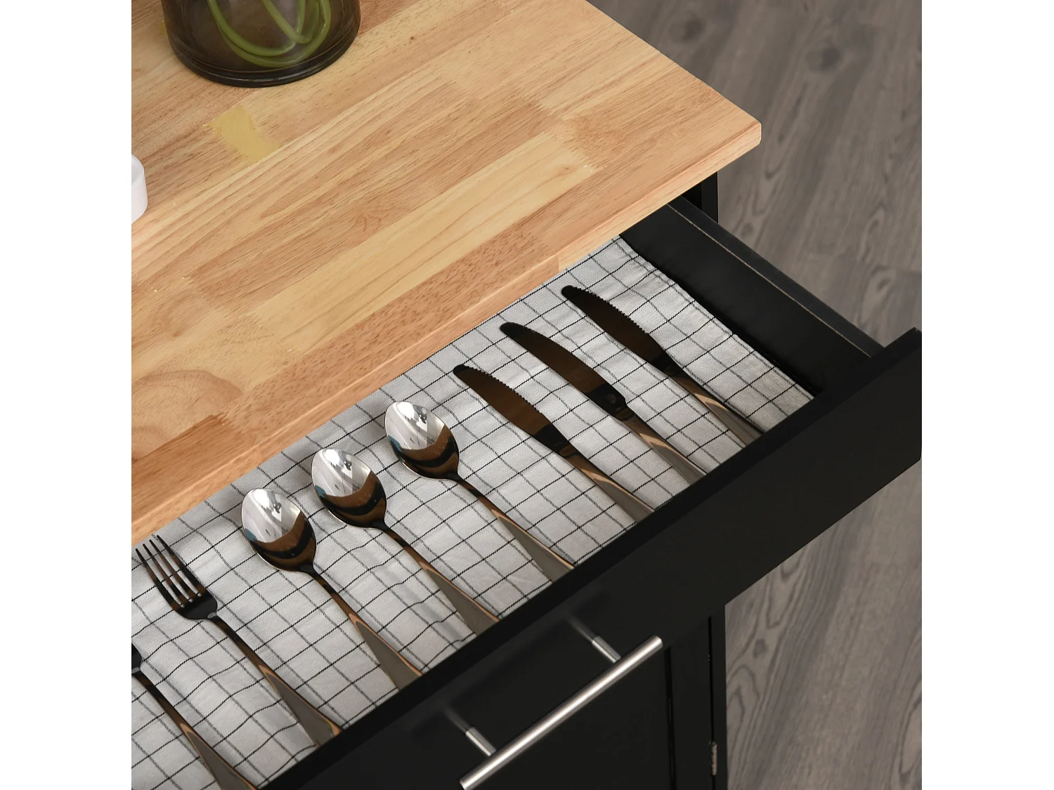 Carrello da cucina con cassetto armadietto 2 ante e ruote nero