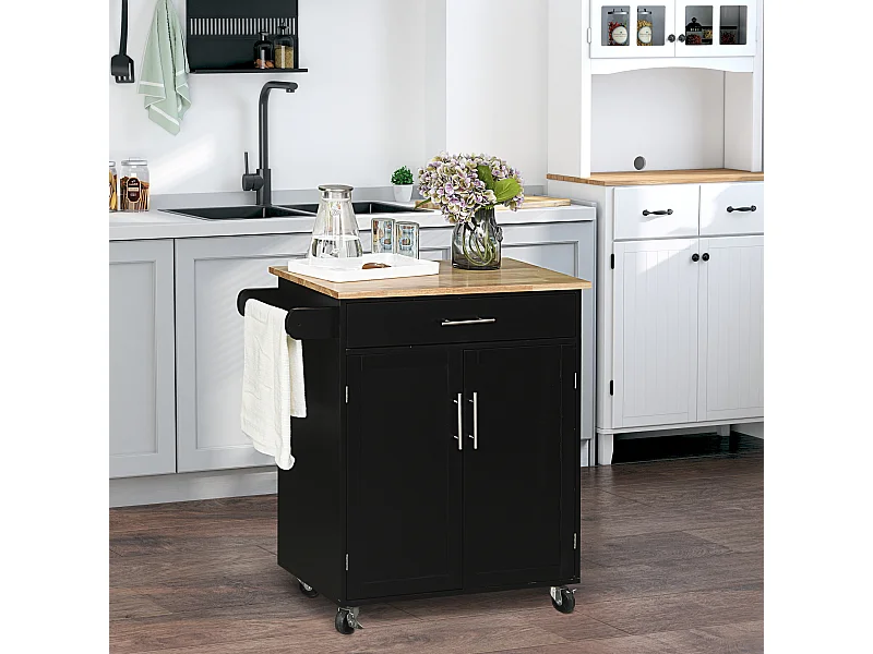 Carrello da cucina con cassetto armadietto 2 ante e ruote nero