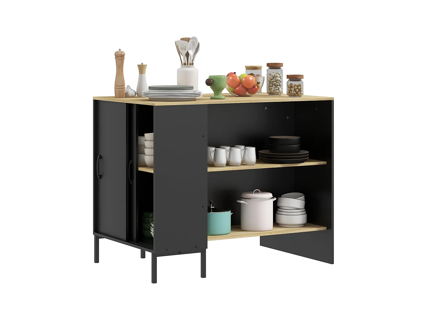 Isola da cucina con ripiani e armadietto con anta scorrevole nero