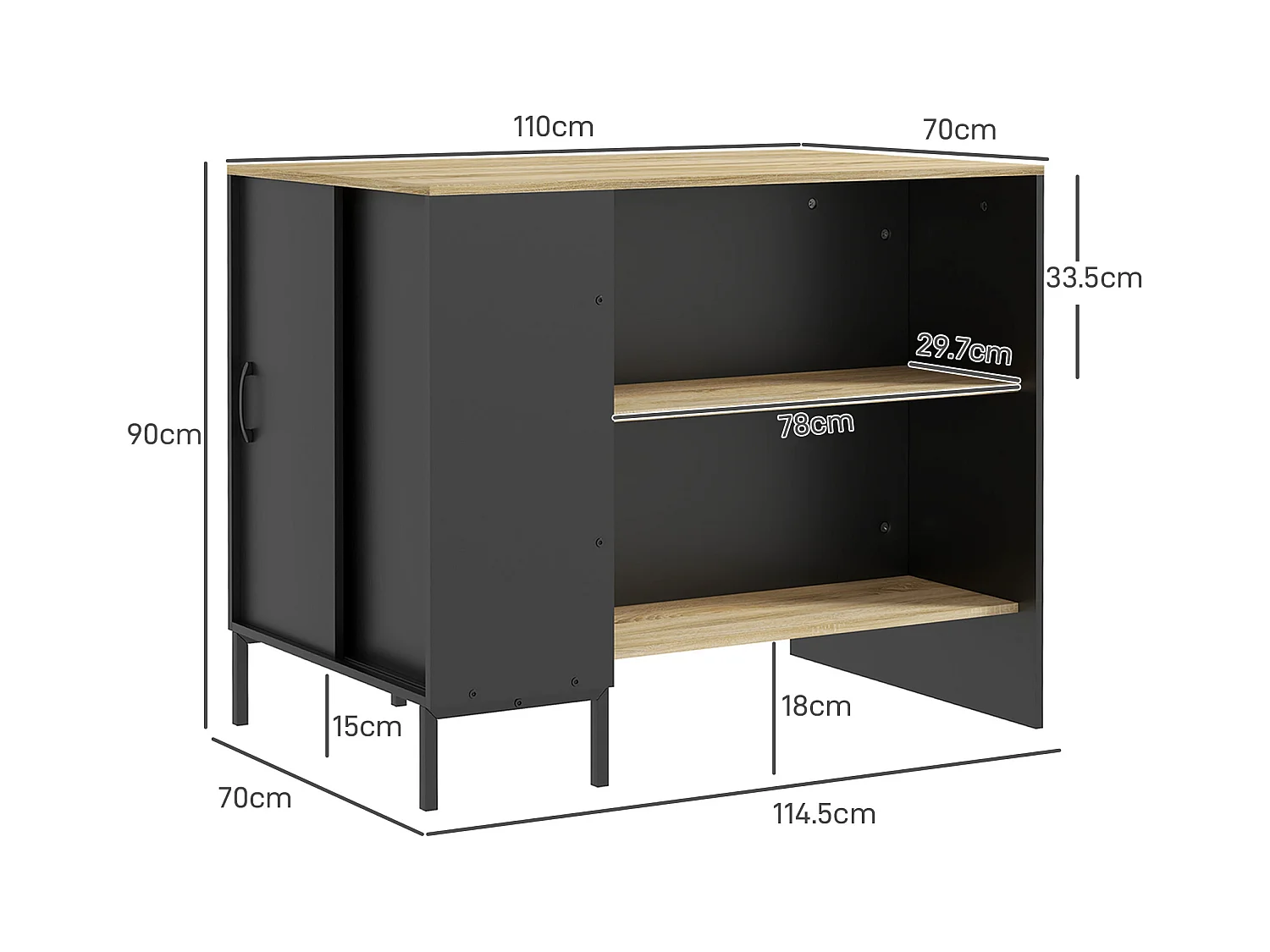 Isola da cucina con ripiani e armadietto con anta scorrevole nero