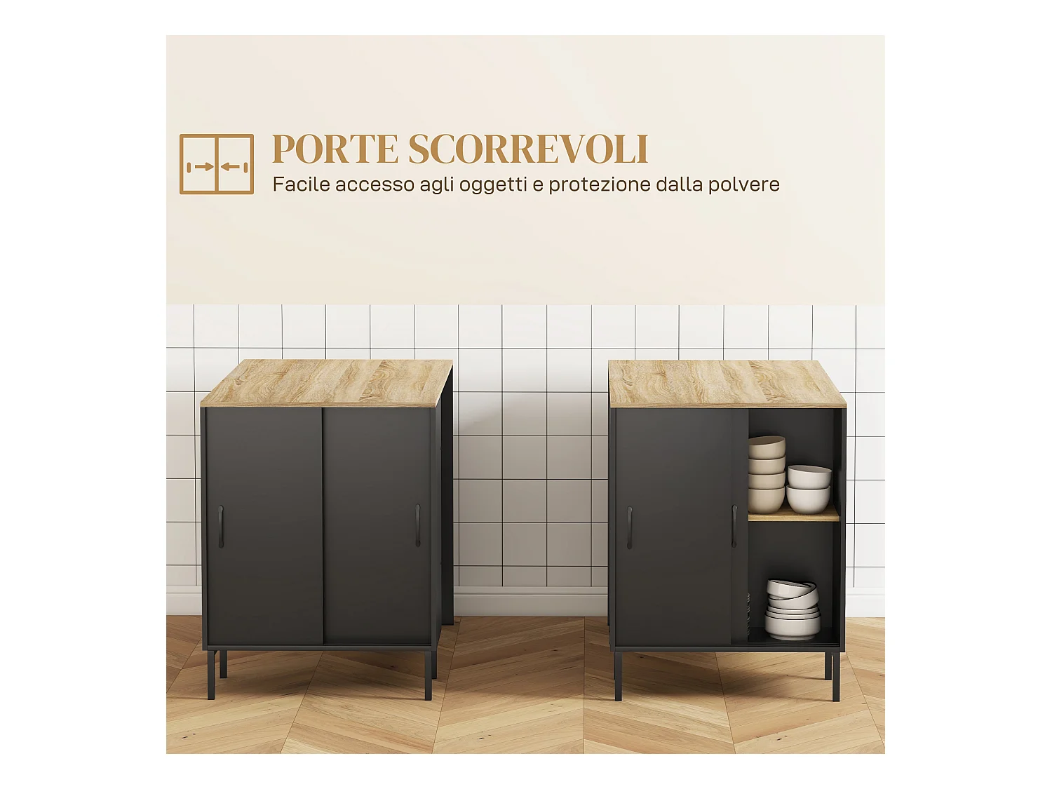 Isola da cucina con ripiani e armadietto con anta scorrevole nero