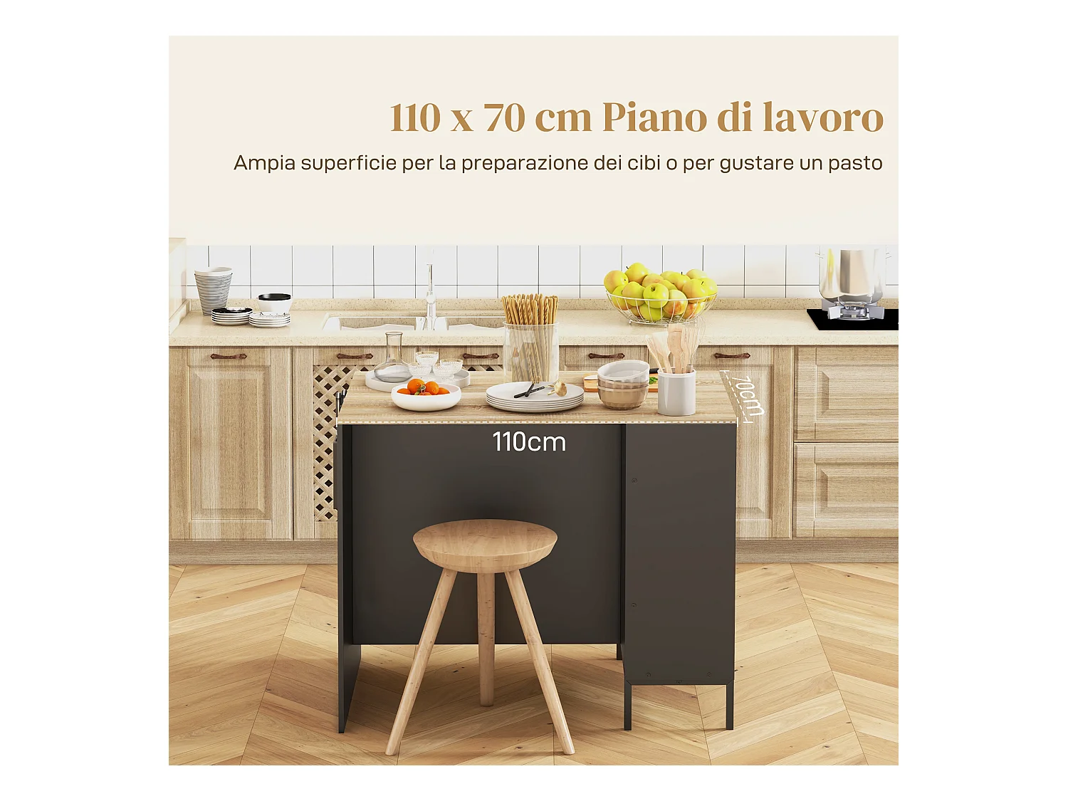 Isola da cucina con ripiani e armadietto con anta scorrevole nero