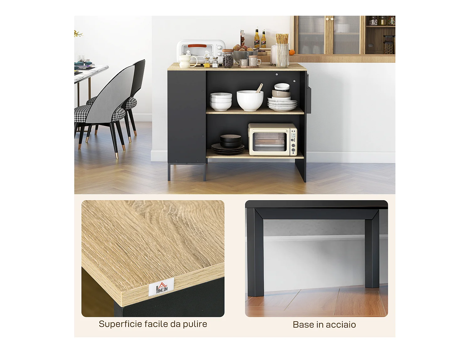 Isola da cucina con ripiani e armadietto con anta scorrevole nero