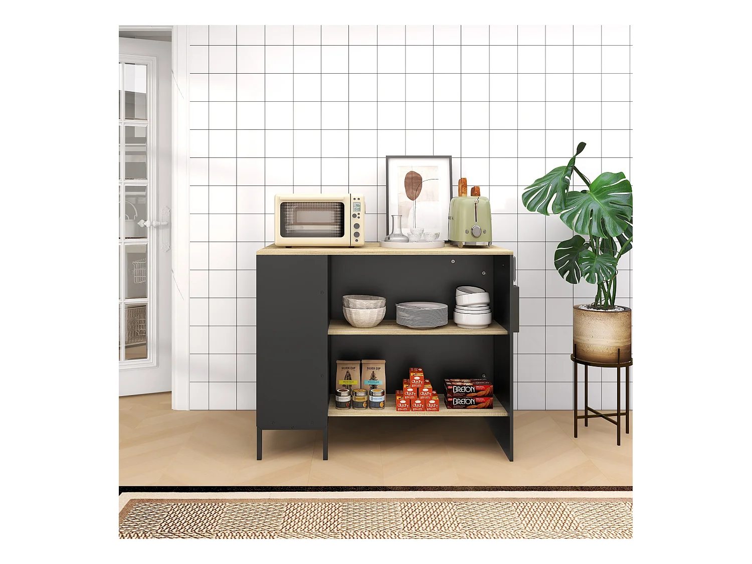 Isola da cucina con ripiani e armadietto con anta scorrevole nero