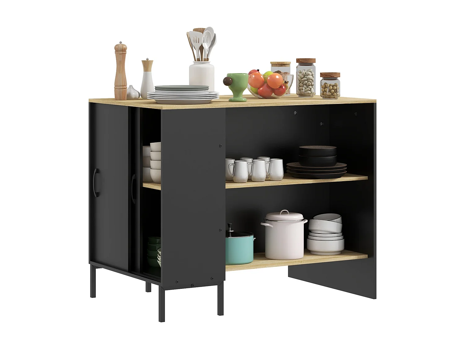 Isola da cucina con ripiani e armadietto con anta scorrevole nero