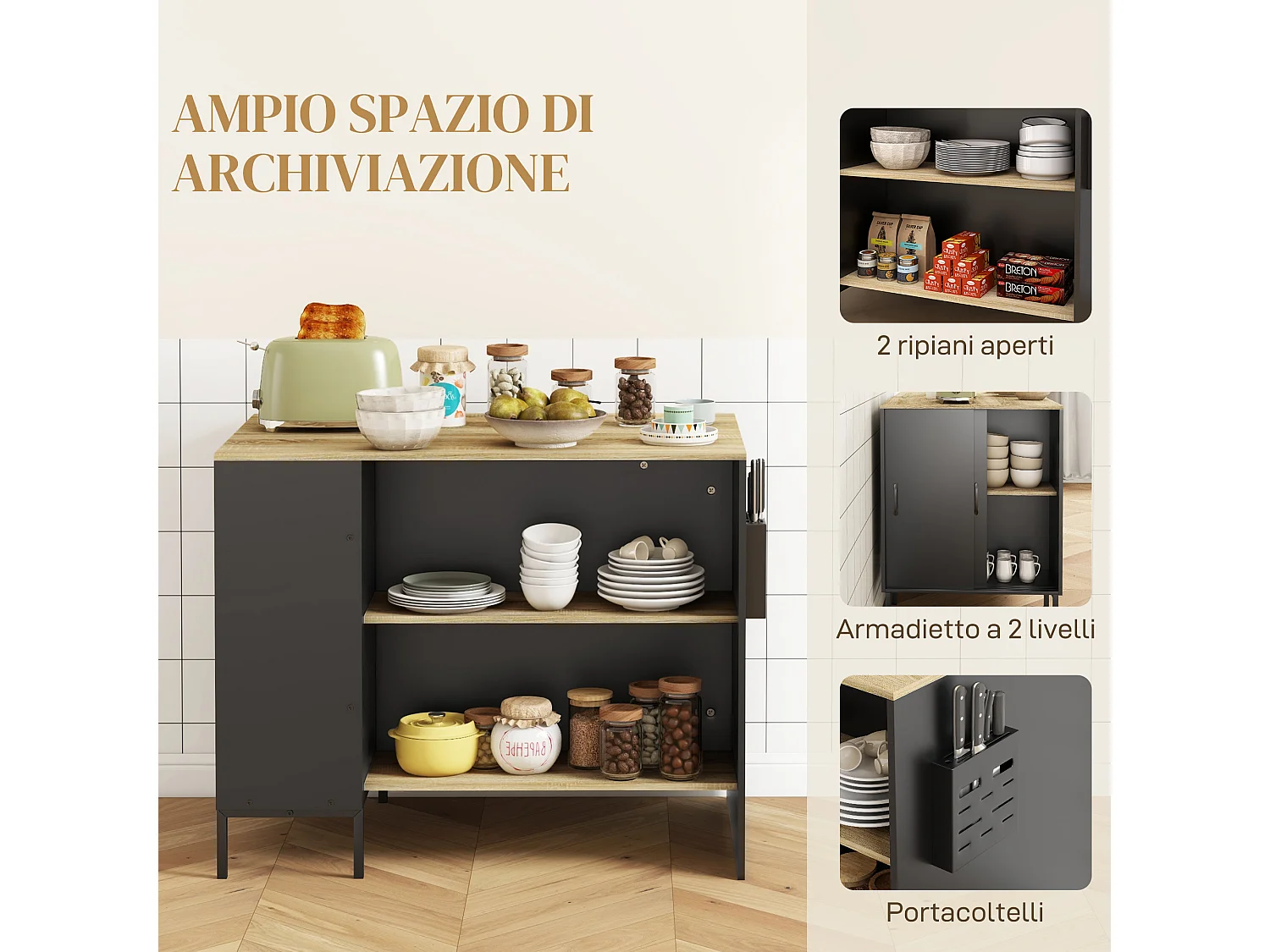 Isola da cucina con ripiani e armadietto con anta scorrevole nero