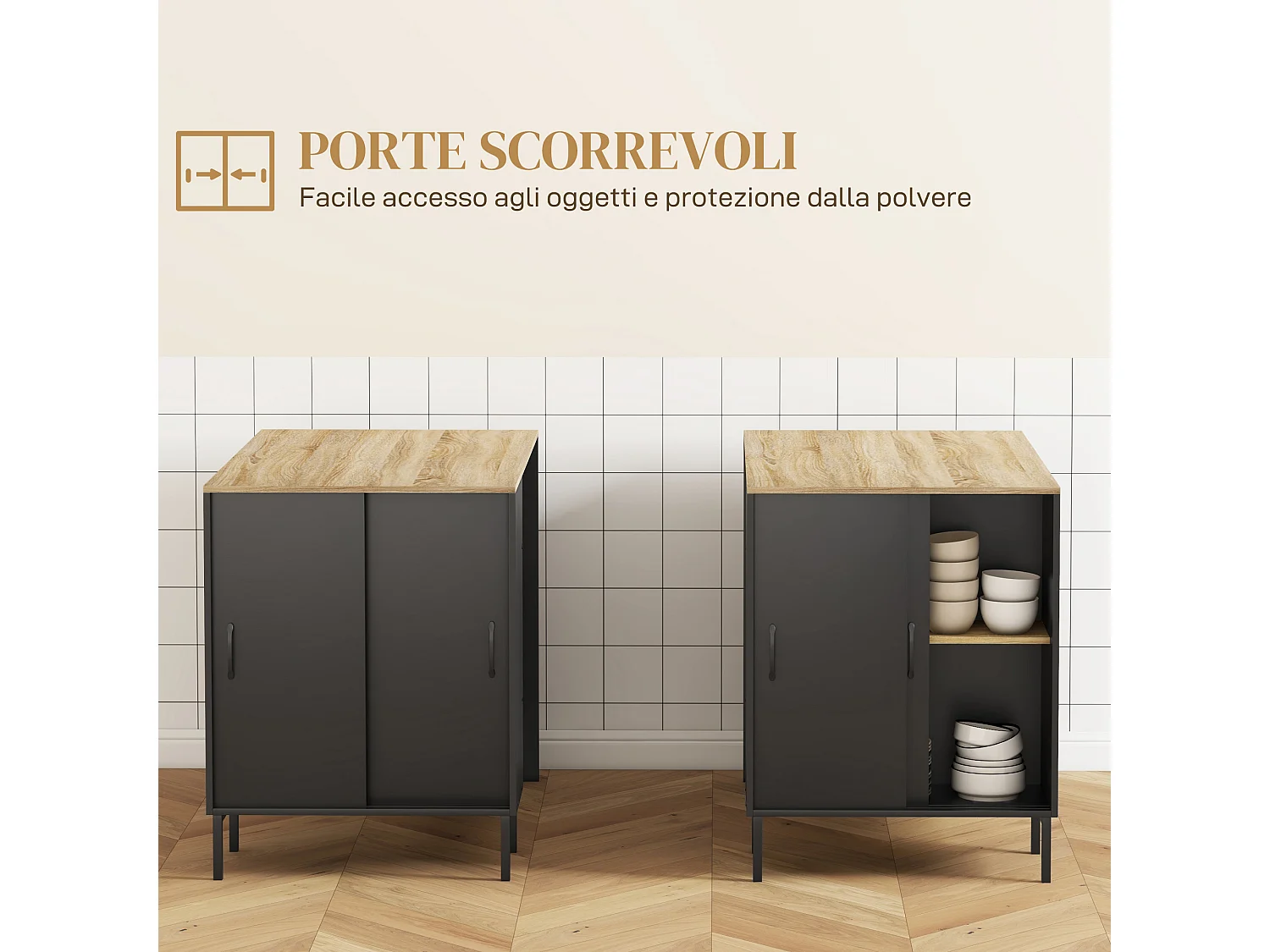 Isola da cucina con ripiani e armadietto con anta scorrevole nero