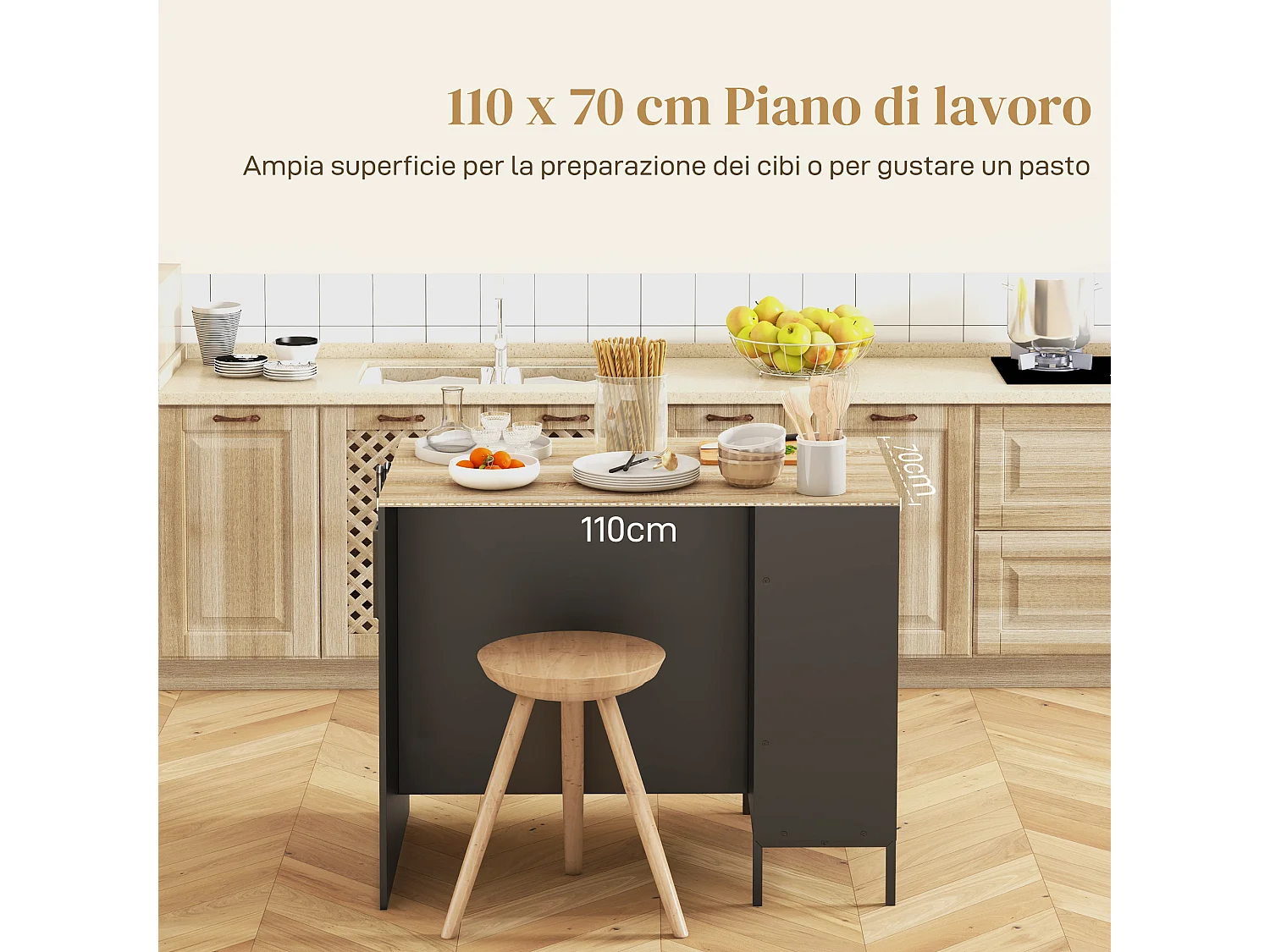 Isola da cucina con ripiani e armadietto con anta scorrevole nero