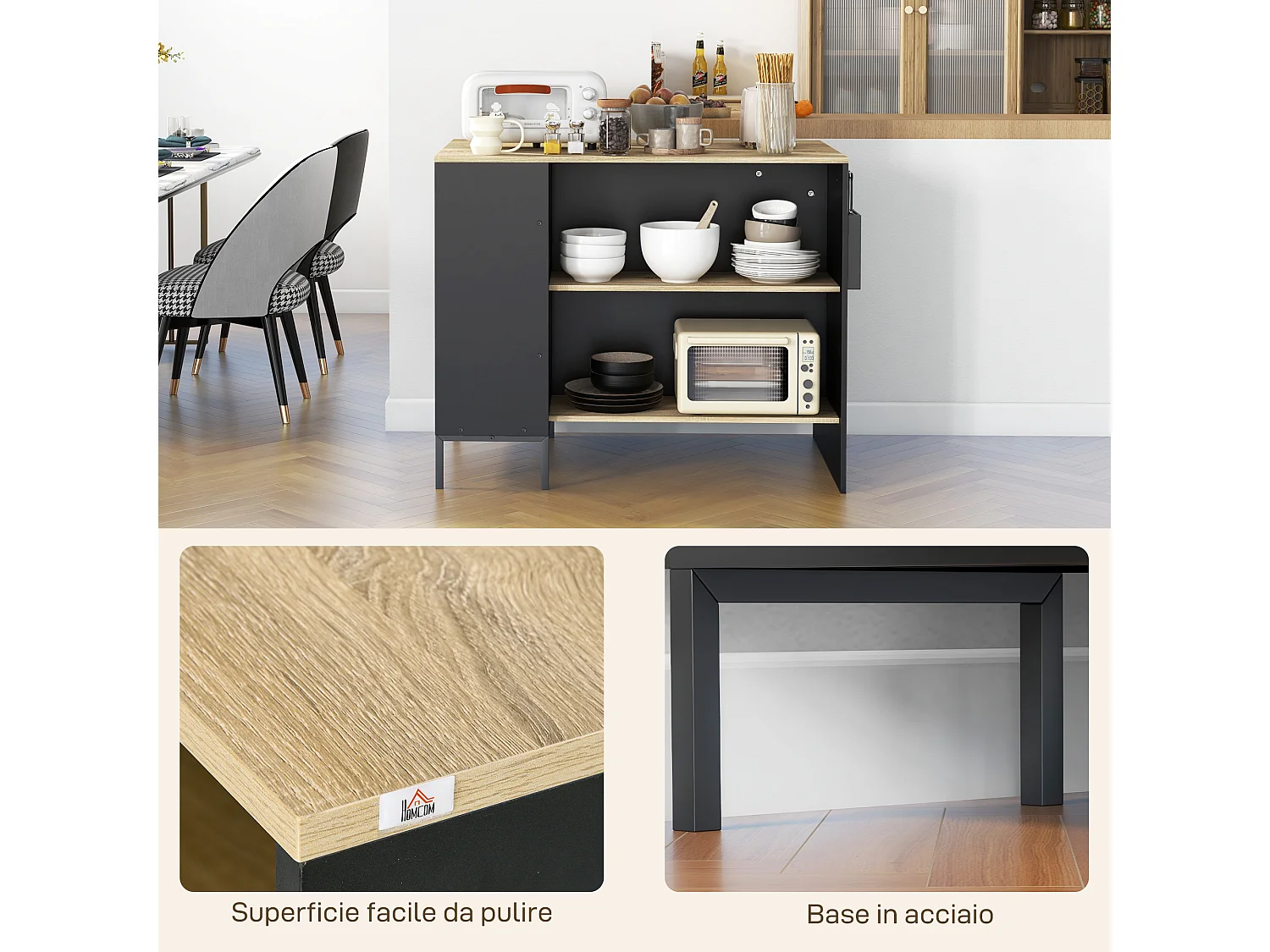 Isola da cucina con ripiani e armadietto con anta scorrevole nero