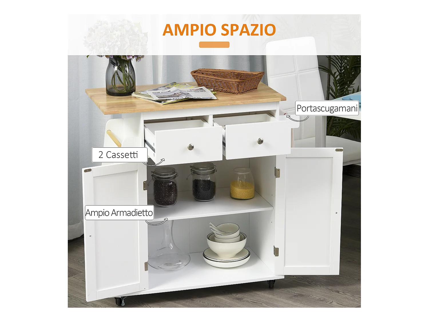 Carrello da cucina a 3 livelli portaoggetti salvaspazio legno