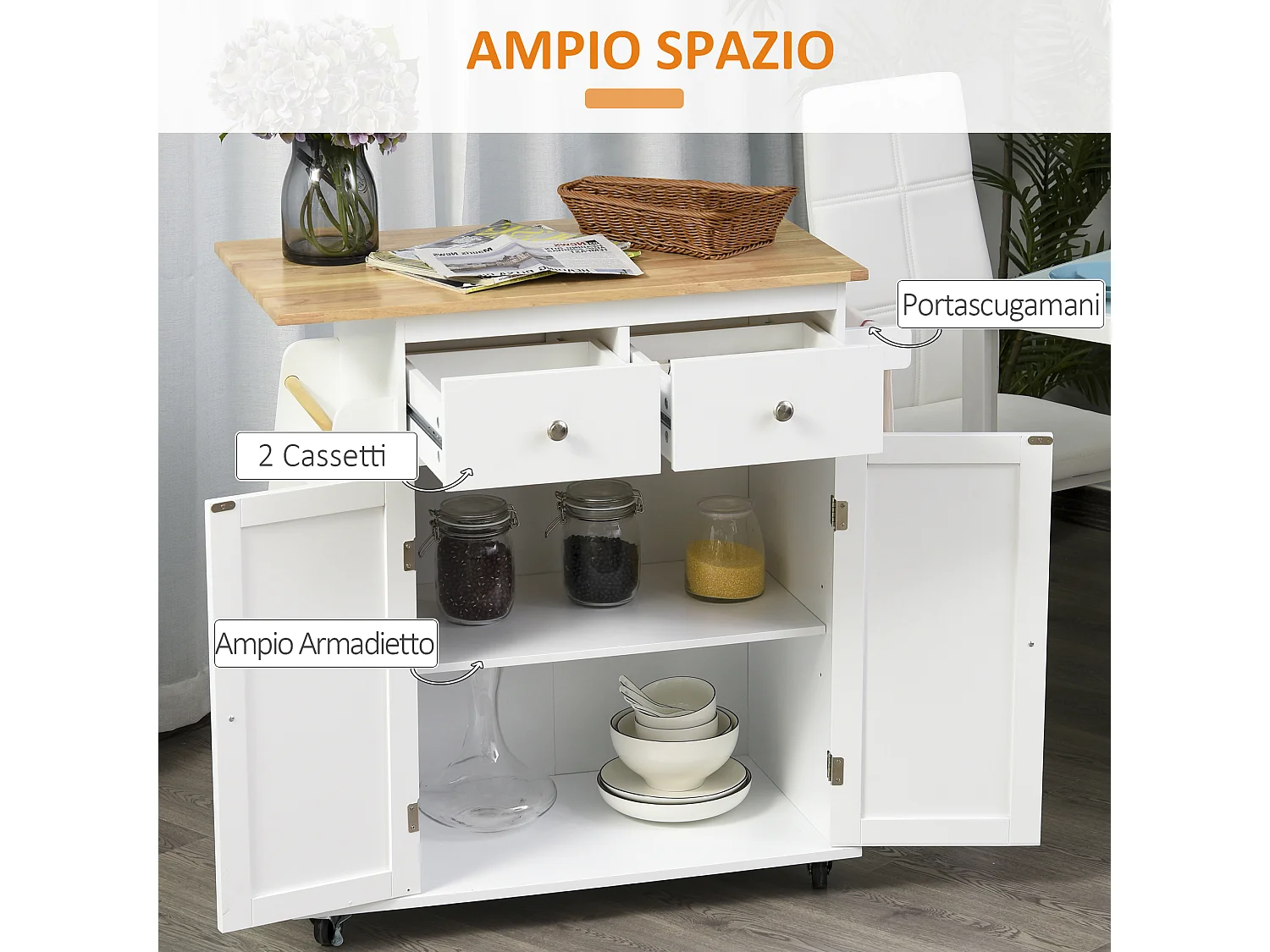 Carrello da cucina a 3 livelli portaoggetti salvaspazio legno