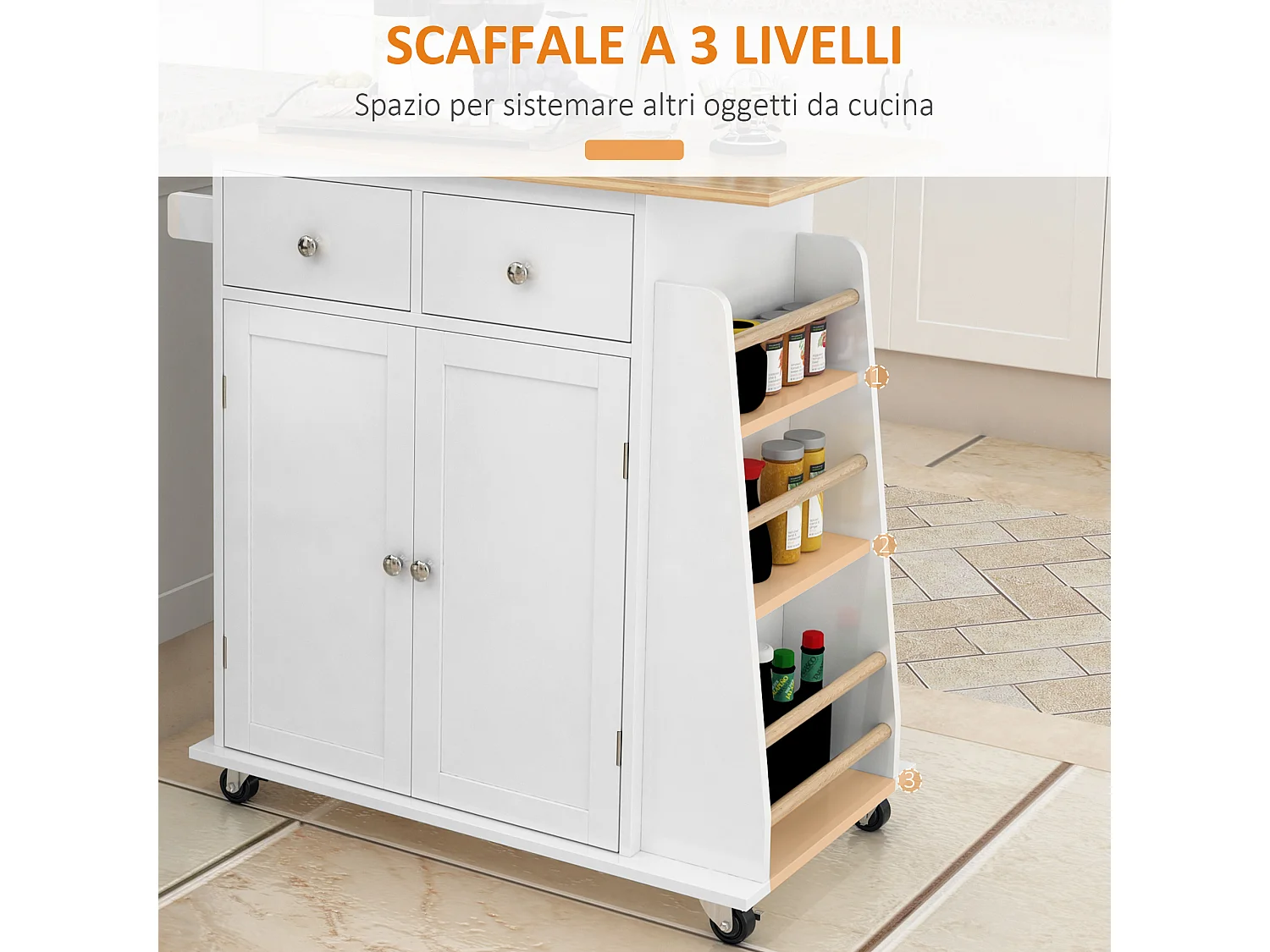 Carrello da cucina a 3 livelli portaoggetti salvaspazio legno
