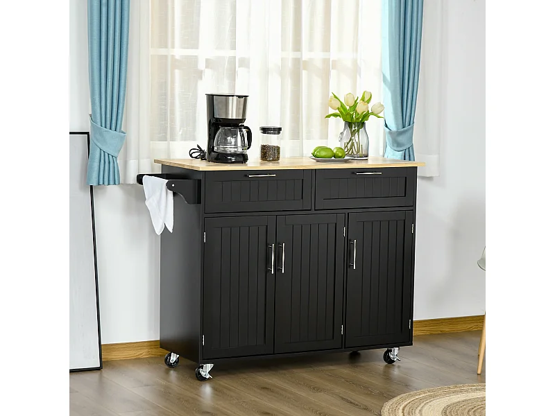 Carrello cucina in legno con 2 cassetti armadietto e ruote nero