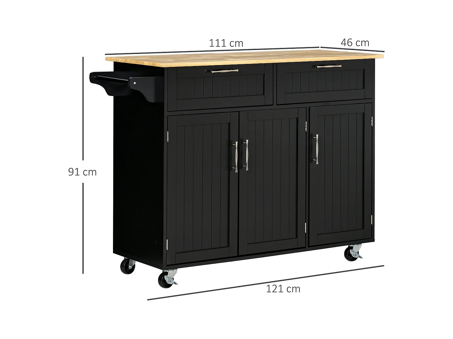 Carrello cucina in legno con 2 cassetti armadietto e ruote nero