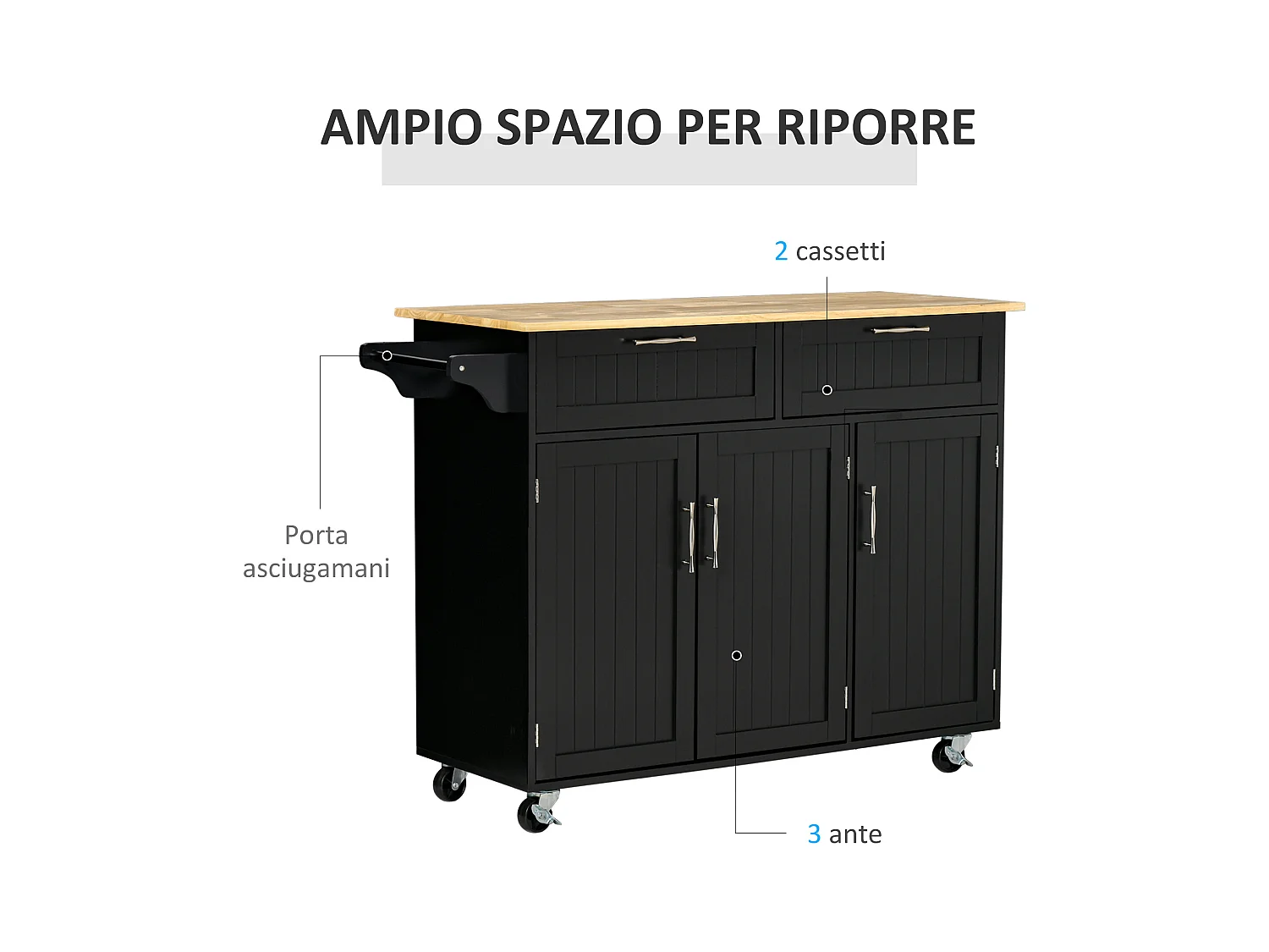 Carrello cucina in legno con 2 cassetti armadietto e ruote nero