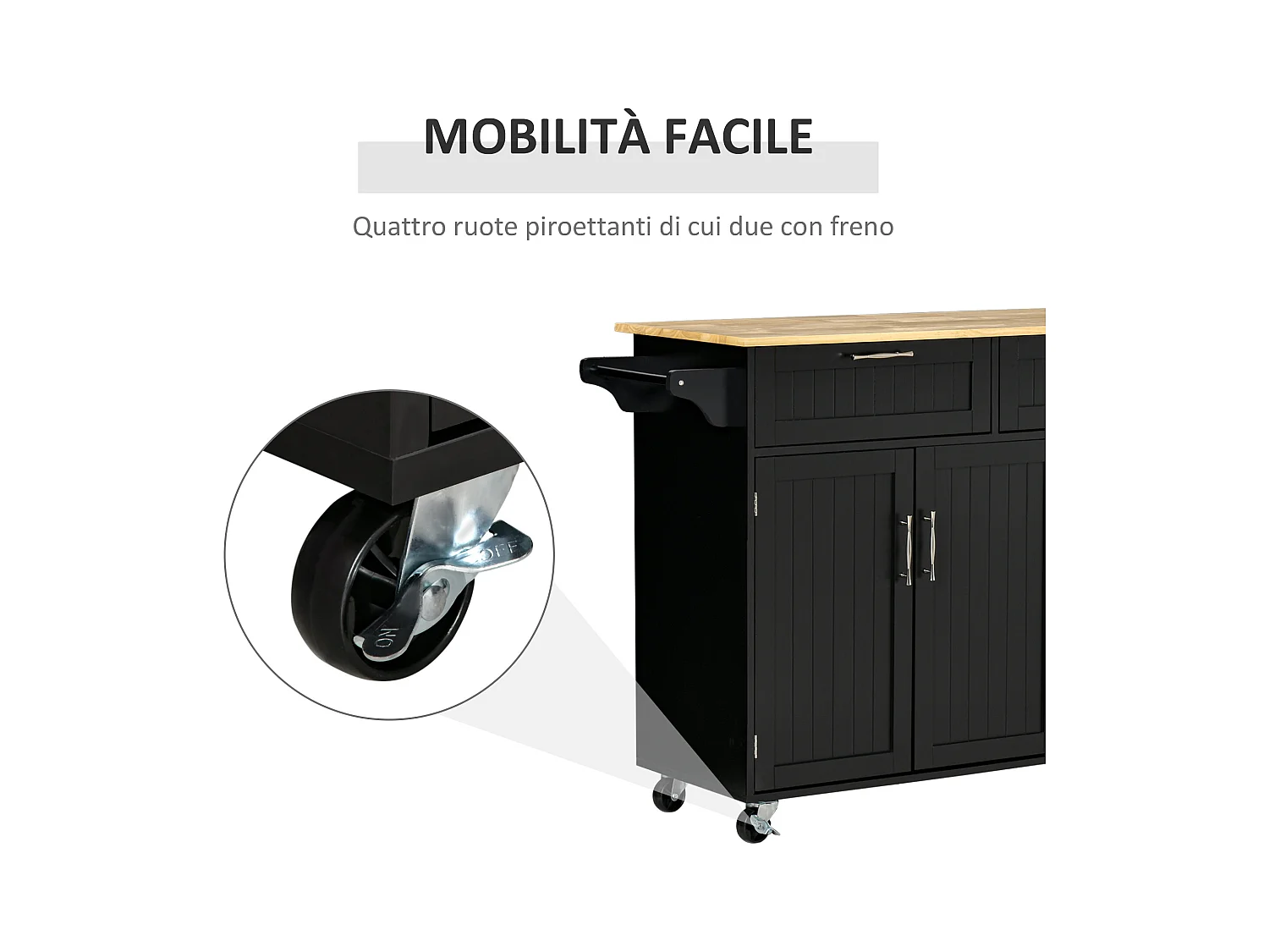 Carrello cucina in legno con 2 cassetti armadietto e ruote nero