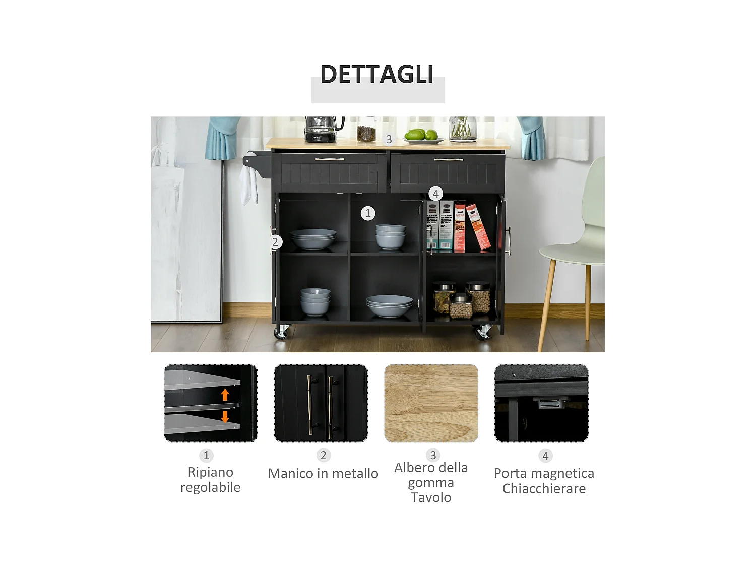 Carrello cucina in legno con 2 cassetti armadietto e ruote nero