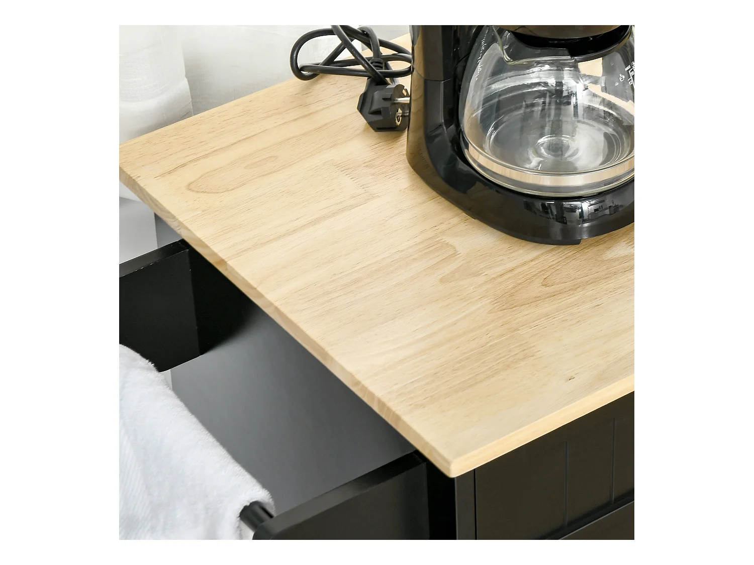 Carrello cucina in legno con 2 cassetti armadietto e ruote nero