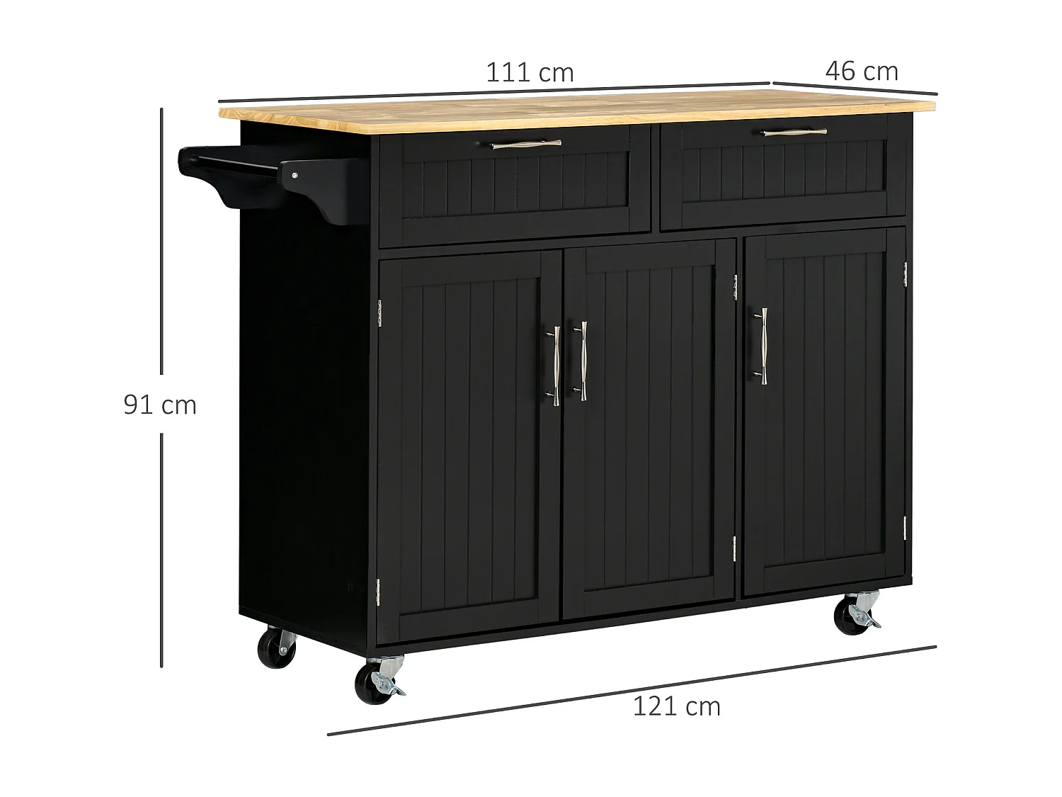 Carrello cucina in legno con 2 cassetti armadietto e ruote nero