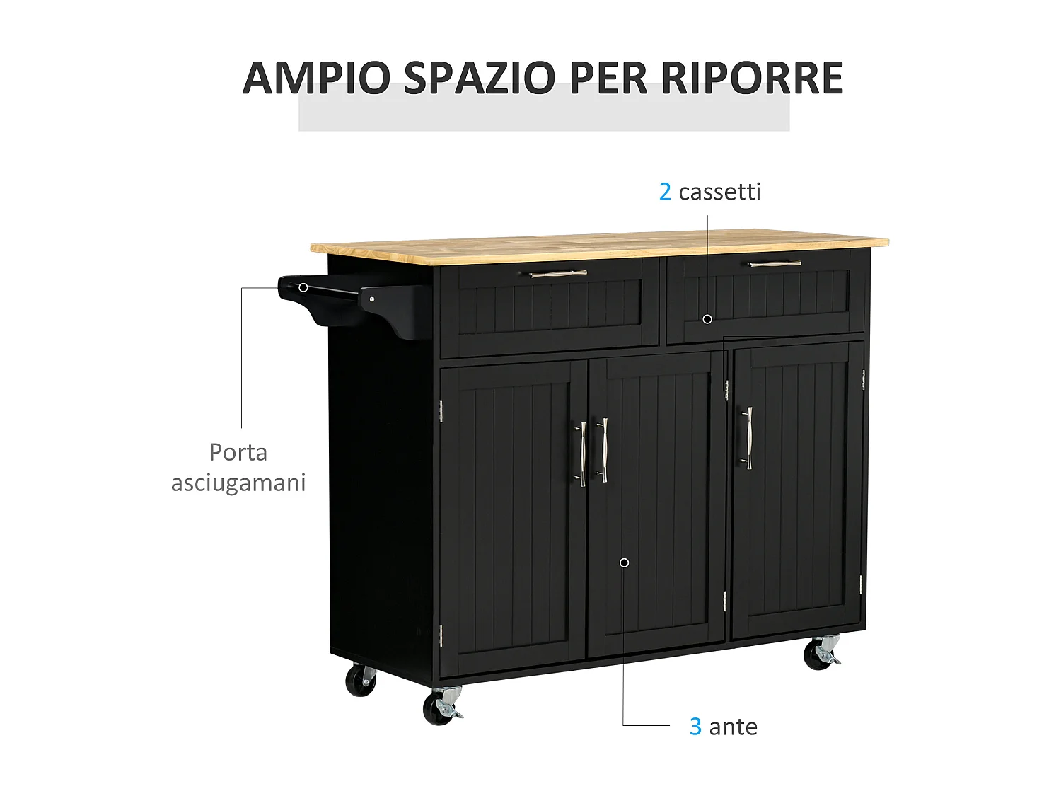 Carrello cucina in legno con 2 cassetti armadietto e ruote nero