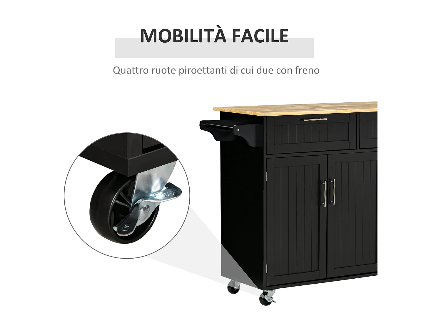 Carrello cucina in legno con 2 cassetti armadietto e ruote nero