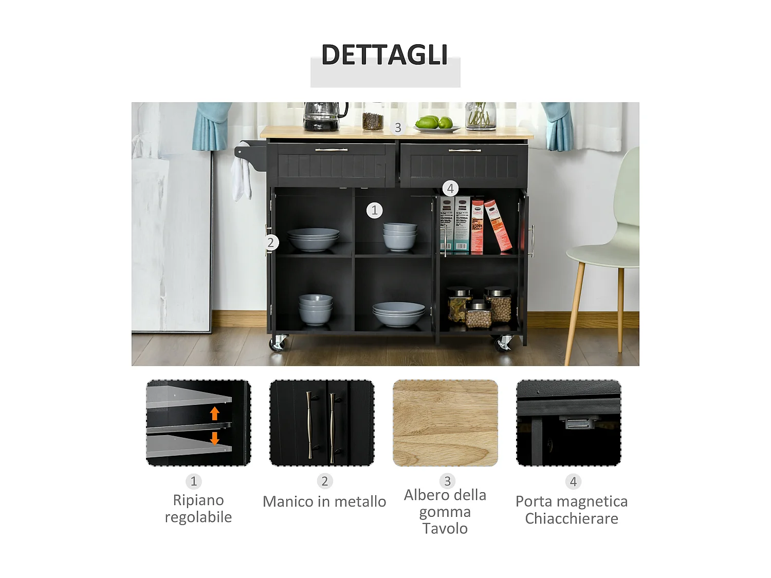 Carrello cucina in legno con 2 cassetti armadietto e ruote nero
