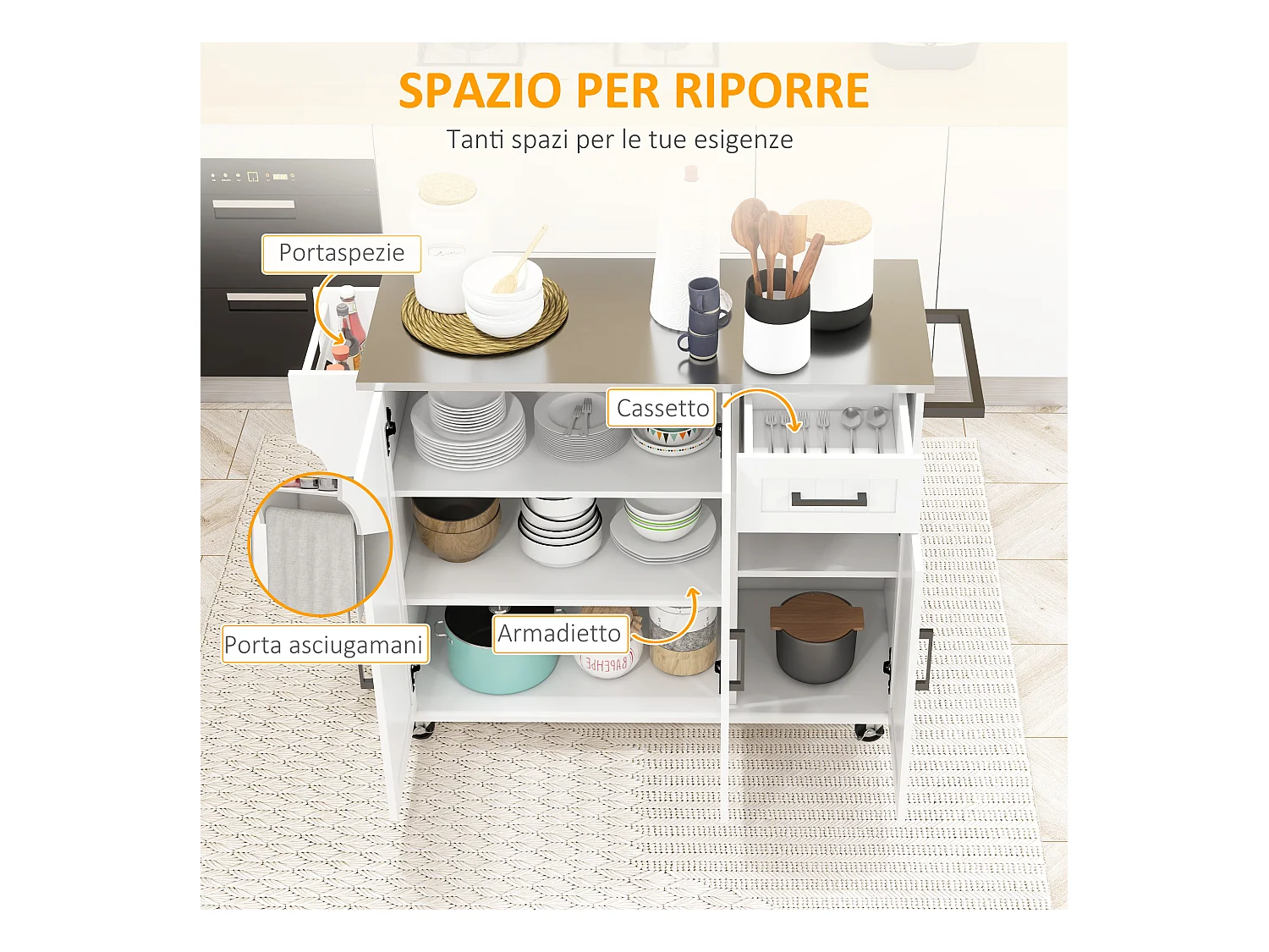 Isola per cucina con cassetto armadietti a 2 ante e 2 ripiani