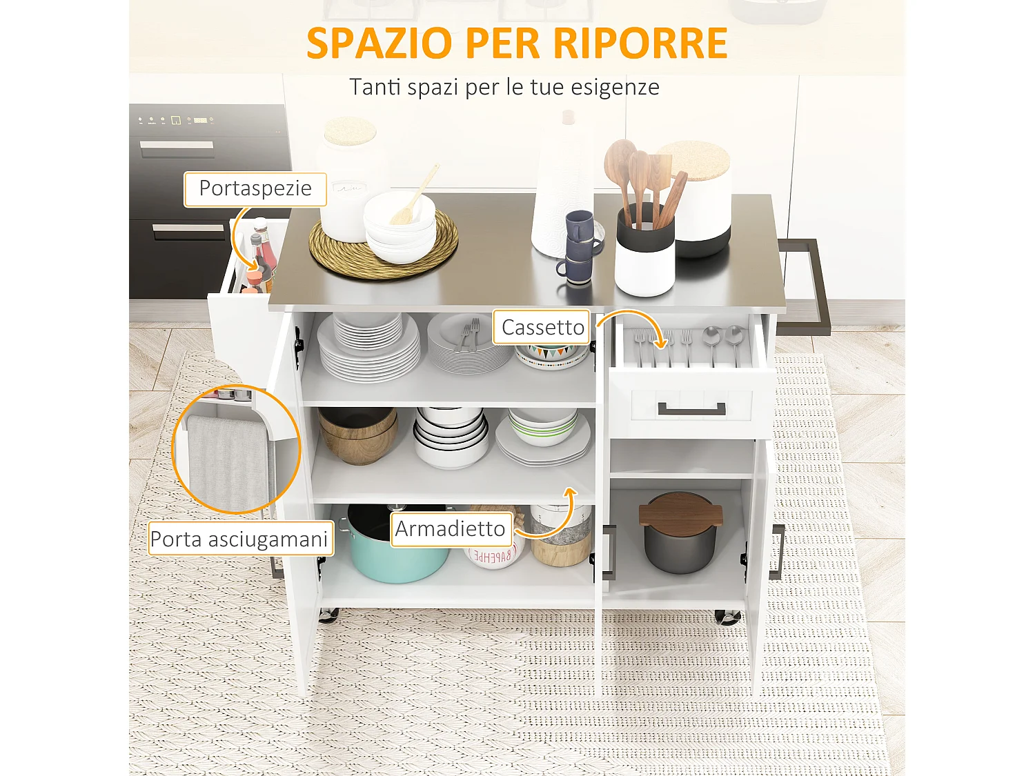 Isola per cucina con cassetto armadietti a 2 ante e 2 ripiani