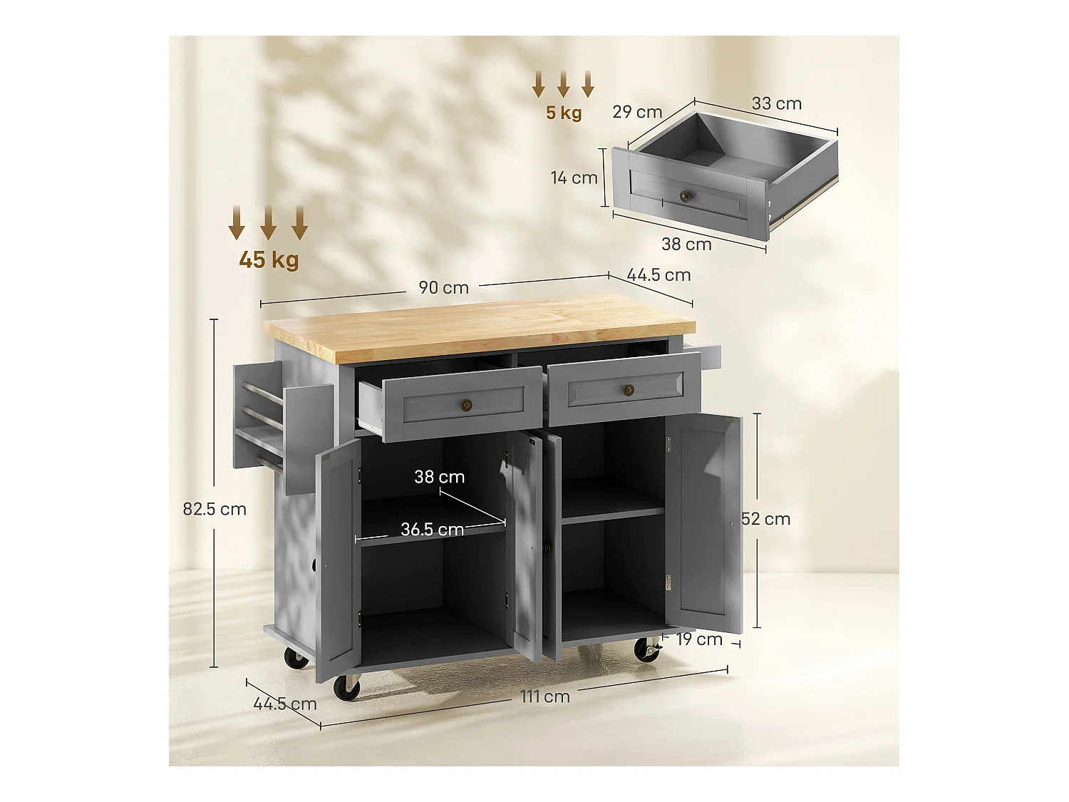 Carrello da cucina con 2 cassetti e 2 armadietti in legno grigio