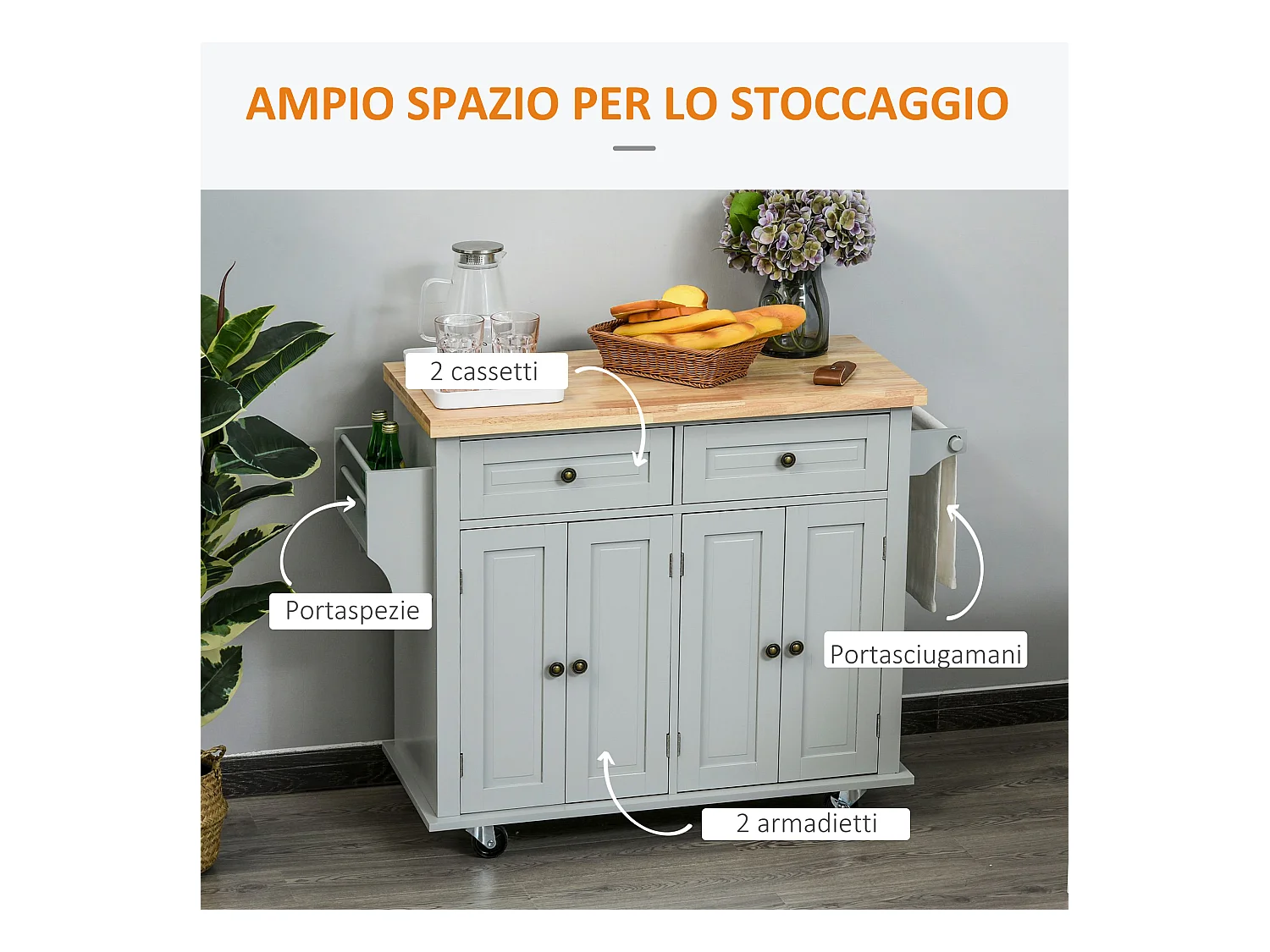 Carrello da cucina con 2 cassetti e 2 armadietti in legno grigio
