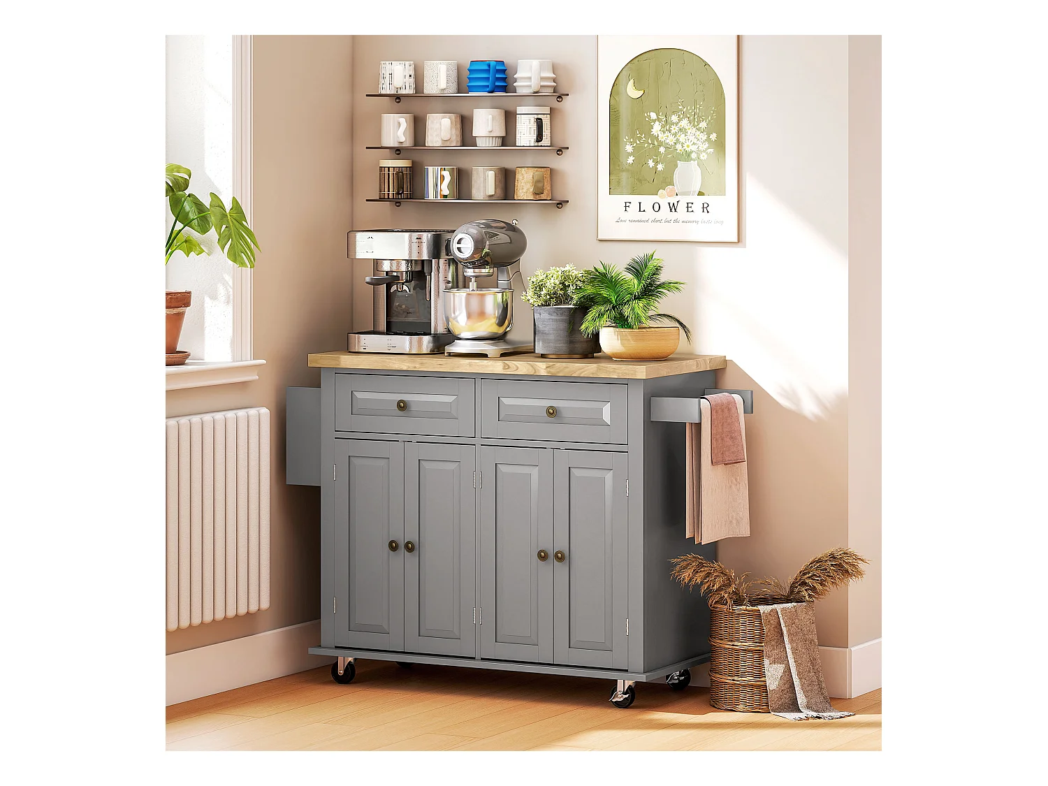 Carrello da cucina con 2 cassetti e 2 armadietti in legno grigio
