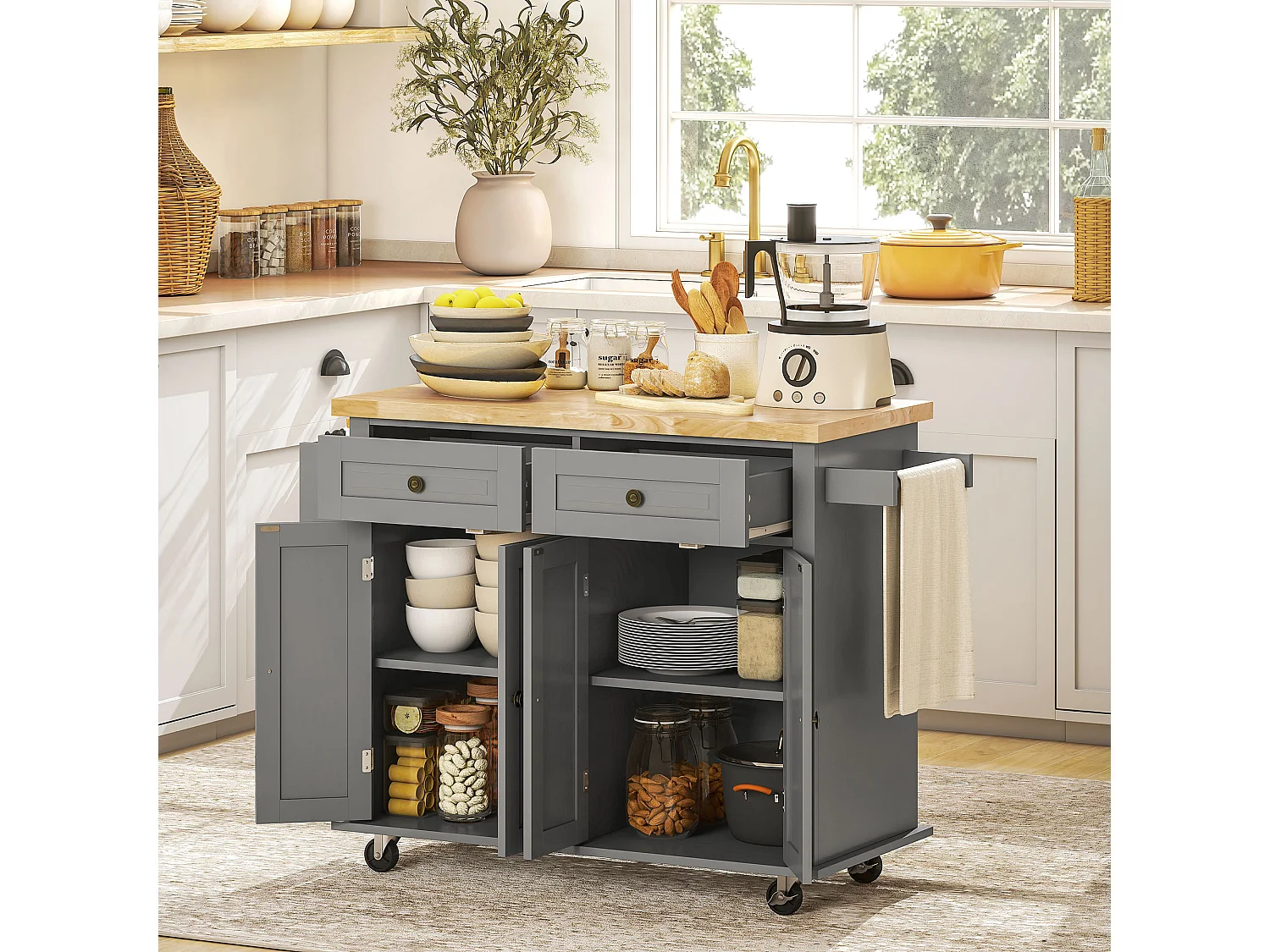 Carrello da cucina con 2 cassetti e 2 armadietti in legno grigio