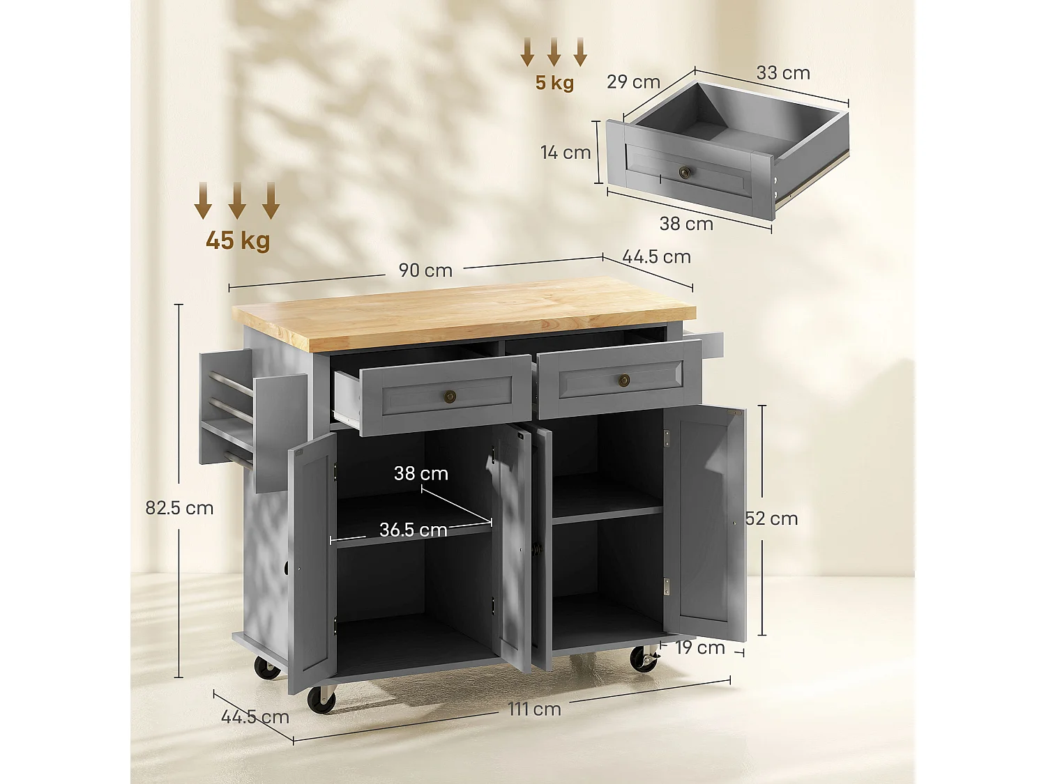 Carrello da cucina con 2 cassetti e 2 armadietti in legno grigio