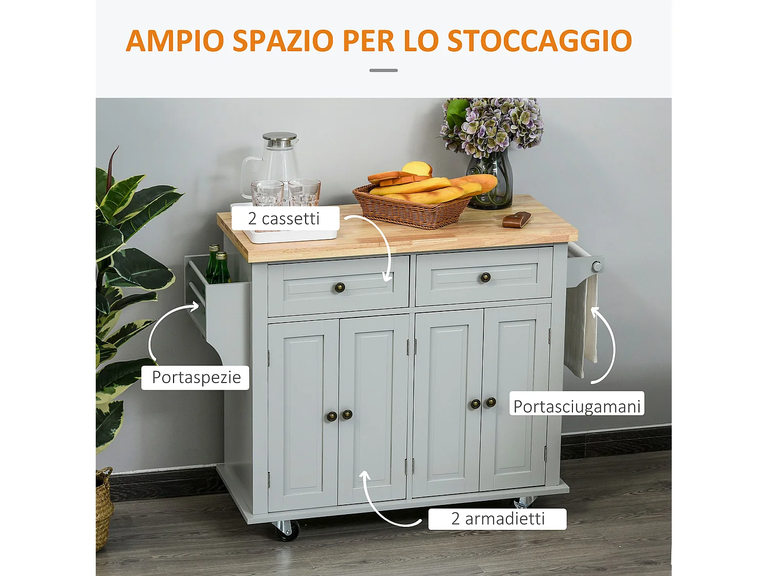 Carrello da cucina con 2 cassetti e 2 armadietti in legno grigio