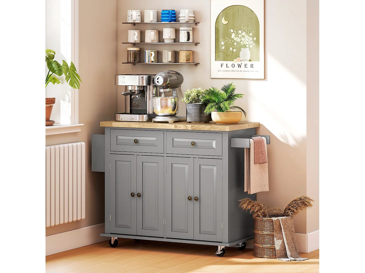 Carrello da cucina con 2 cassetti e 2 armadietti in legno grigio