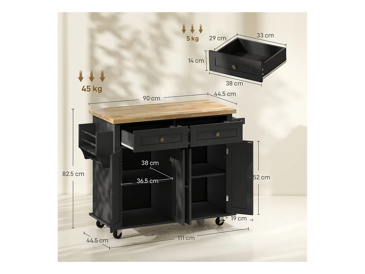 Carrello da cucina con cassetti armadietti e portaspezie nero