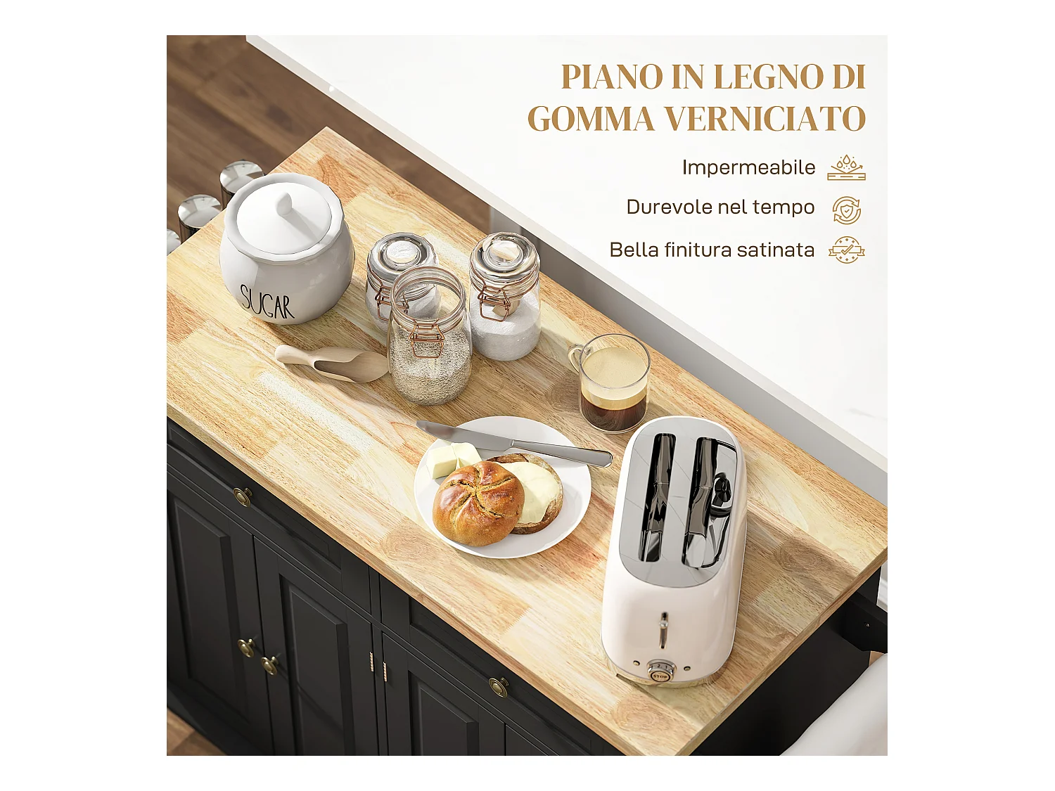 Carrello da cucina con cassetti armadietti e portaspezie nero