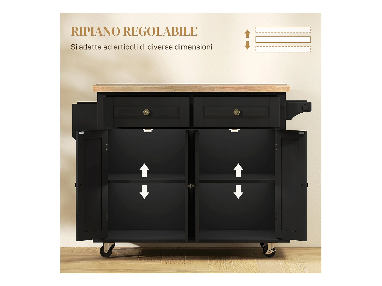 Carrello da cucina con cassetti armadietti e portaspezie nero