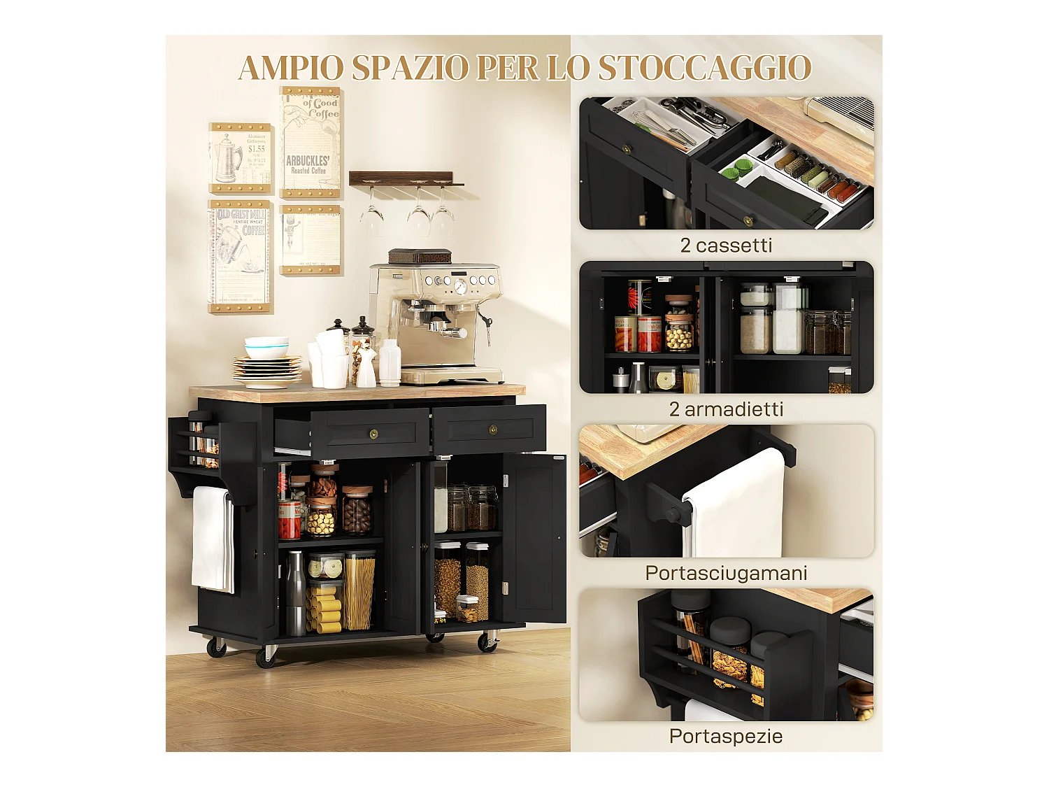 Carrello da cucina con cassetti armadietti e portaspezie nero