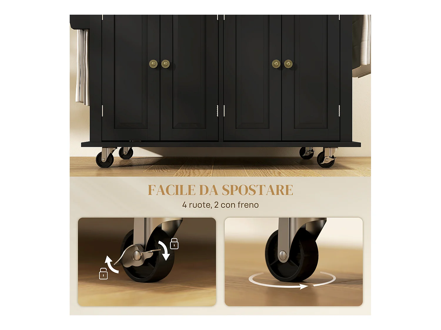 Carrello da cucina con cassetti armadietti e portaspezie nero