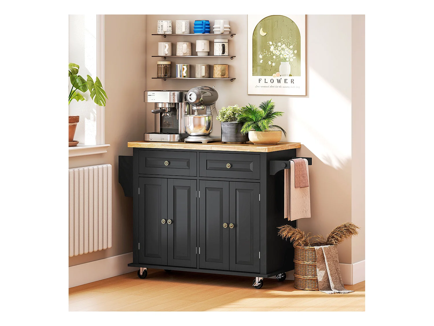 Carrello da cucina con cassetti armadietti e portaspezie nero