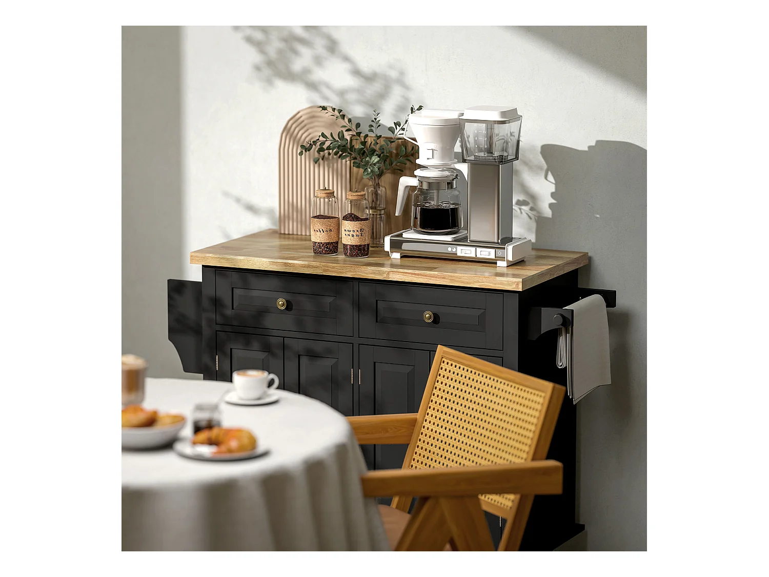 Carrello da cucina con cassetti armadietti e portaspezie nero