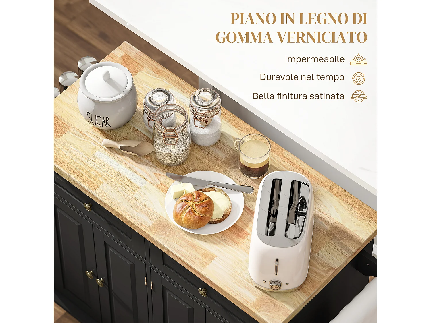 Carrello da cucina con cassetti armadietti e portaspezie nero