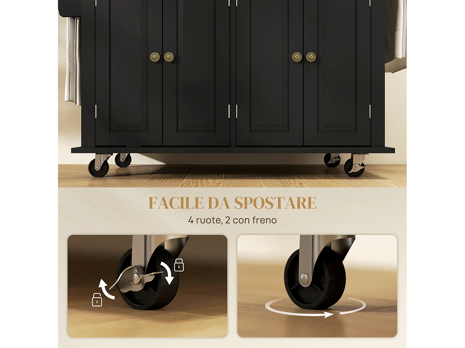 Carrello da cucina con cassetti armadietti e portaspezie nero