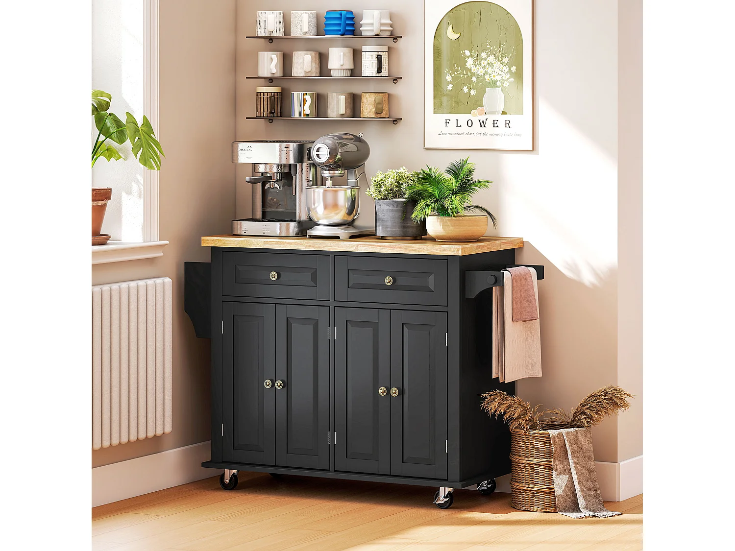 Carrello da cucina con cassetti armadietti e portaspezie nero