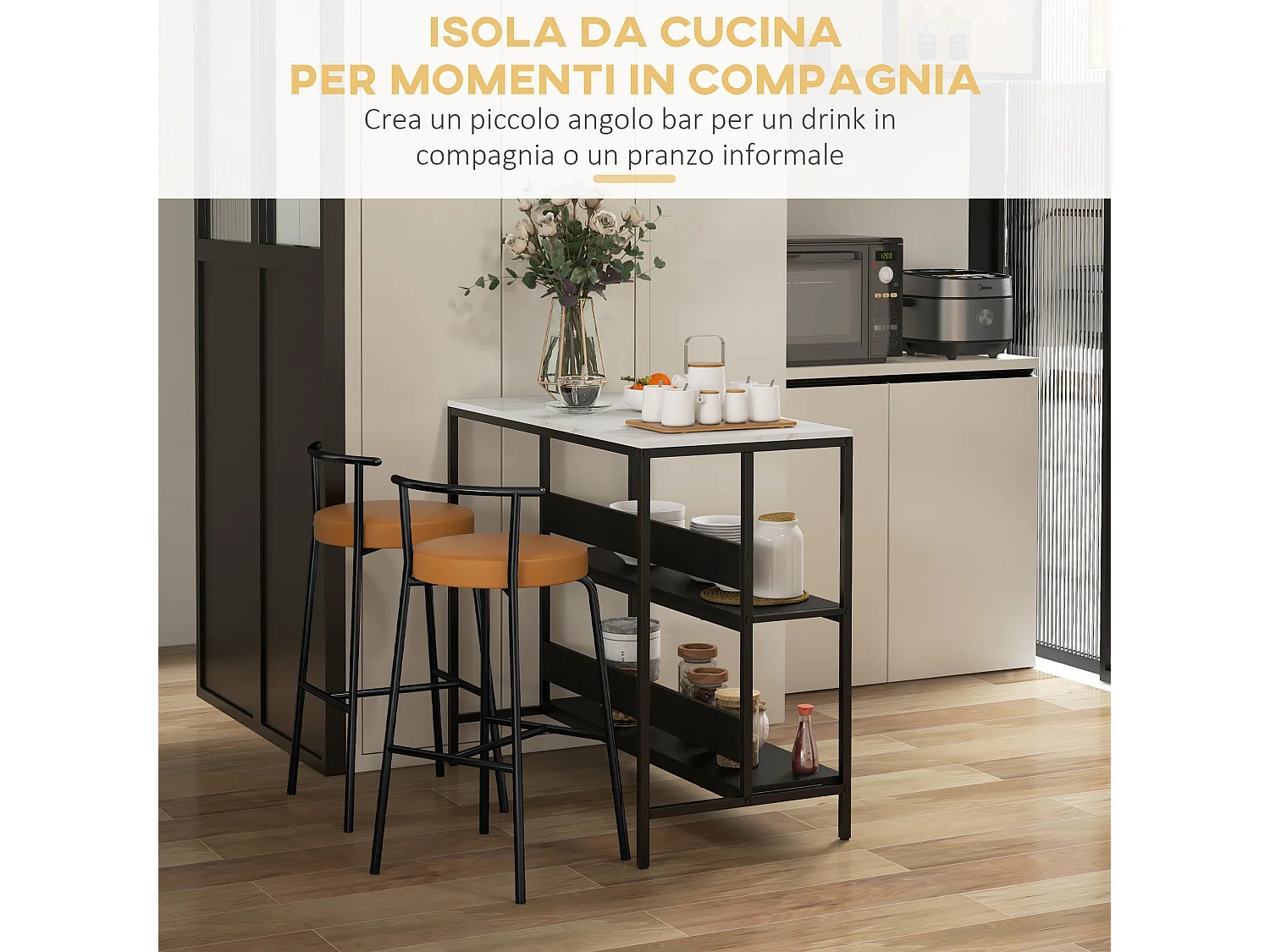 Isola da cucina con piano effetto marmo e metallo nero e bianco