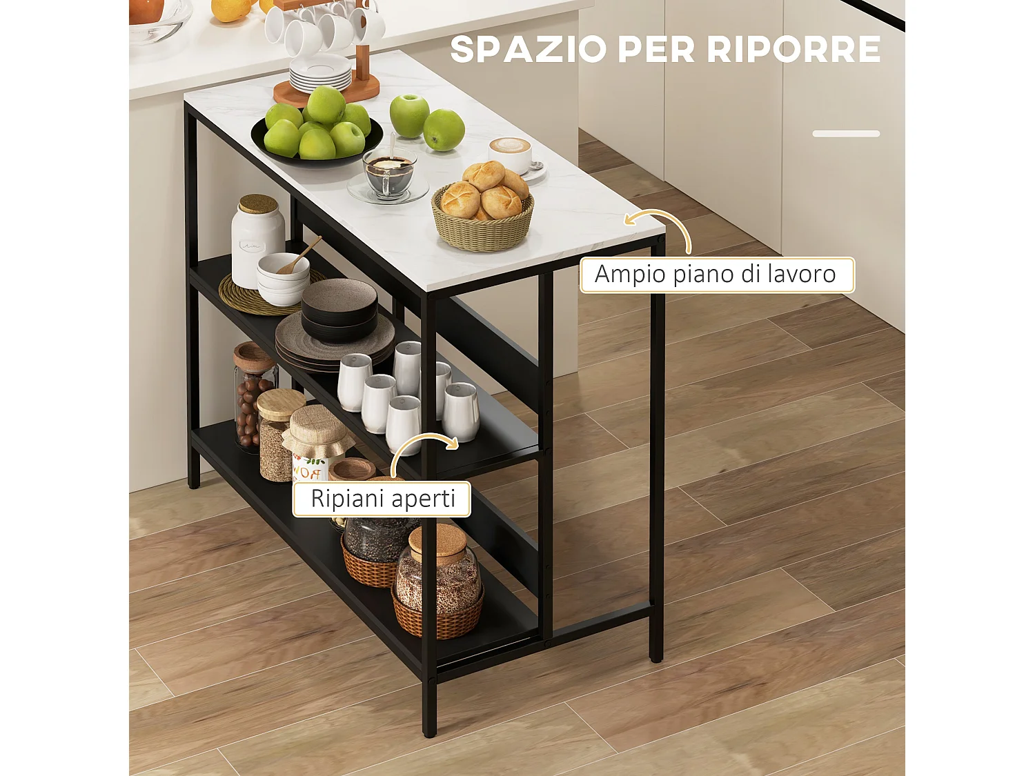 Isola da cucina con piano effetto marmo e metallo nero e bianco